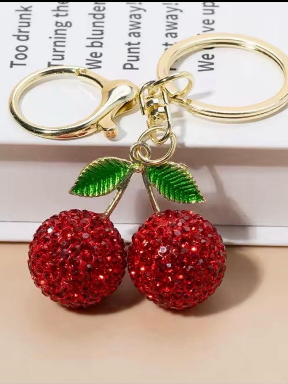 Gold Cherry Keychain with Red Crystal Charms